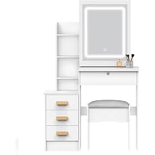 Makeup Vanity with Lights and Sliding Mirror, Vanity Desk with 4 Storage Drawers and Lock, White Dressing Table with Dimmable LED Mirror and Hidden Shelves, Modern Bedroom Vanity, 31.5 Inch White