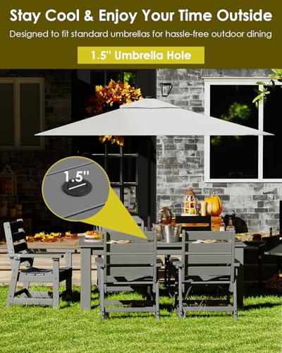 Image of GREENVINES 7-Piece Outdoor Dining Set | HDPE | Patio Table and Chairs Sets for 6 | Patio Furniture | All Weather | Umbrella Hole | Grey | for Backyard Poolside Garden