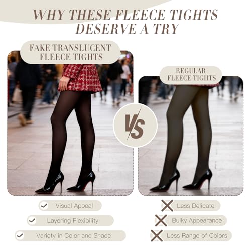 Image of Fleece Lined Tights Fake Translucent Pantyhose for Women Thermal Warm Leggings