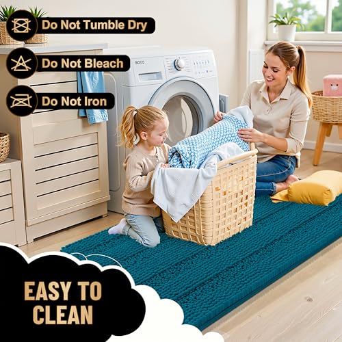 Image of OLANLY Thick Bathroom Runner Rugs 47x17, Extra Absorbent Chenille Striped Bath Rugs, Rubber Backing, Machine Wash Dry, Long Bath Mats for Bathroom, Tub and Shower, Home Decor Accessories, Peacock Blue