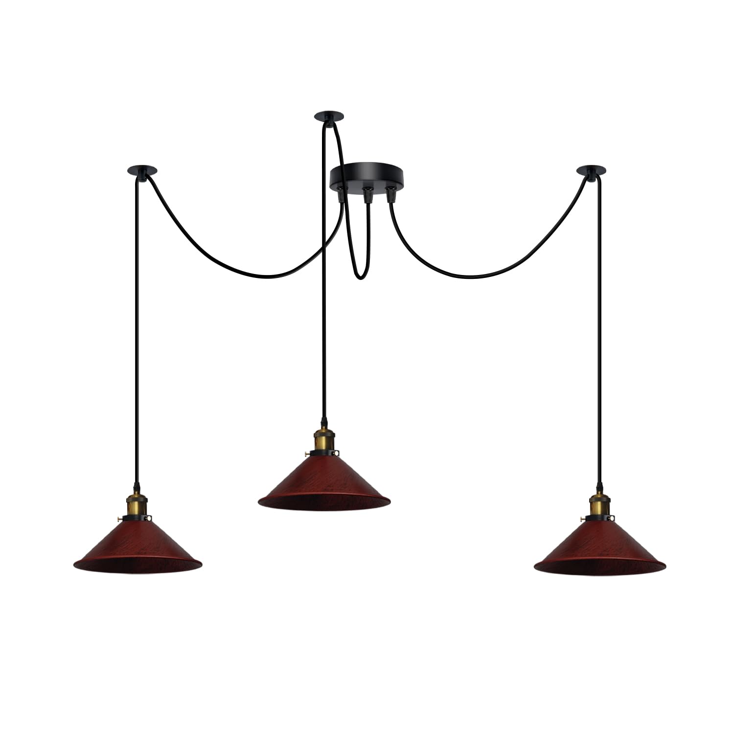 DC VOLTAGE 3 Head Spider Lights Metal Cone Shaped Rustic Red 22 cm Shades Industrial Pendant Lights with 2m Adjustable Cable for Kitchen Island Living Room Bed Room (Without Bulb)