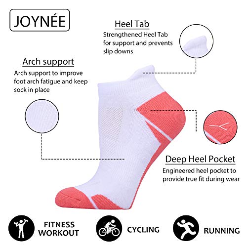 JOYNÉE Womens Athletic Ankle Sports Running Low Cut Tab Cushioned Socks 6 Pack,White,Sock Size 9-112