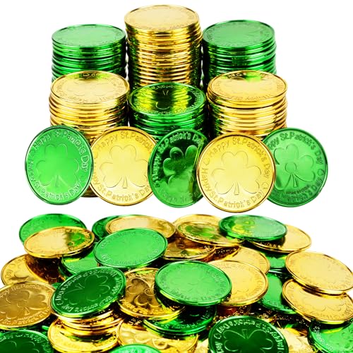 Qumenan 168 PCS St Patricks Day Coins Plastic Gold and Green St Patrick's Day Coins Decorations Party Lucky Patrick Shamrock Leprechaun Clover Favors for Irish Supplies