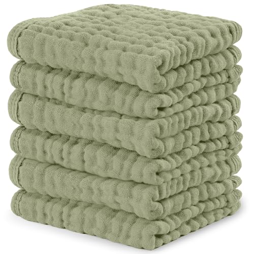 Image of Comfy Cubs Muslin Baby Washcloths 6 Pack - Soft 6-Layer Cotton Wash Cloths for Sensitive Skin - 10"x10" Large, Gentle, Absorbent Infant Essentials for Newborn and Toddlers - Sage