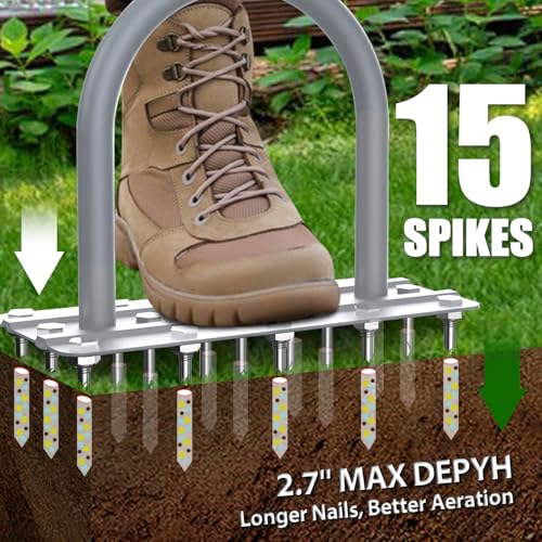 Lawn Aerator Spike Tool - Manual Grass Aerator with 15 Iron Spikes, Pre-Assembled Yard Aerator for Core Aeration, Dethatching, Heavy Duty T-Handle & Wide Foot Plate for Lawn Yard & Garden (Grey) - Image 3