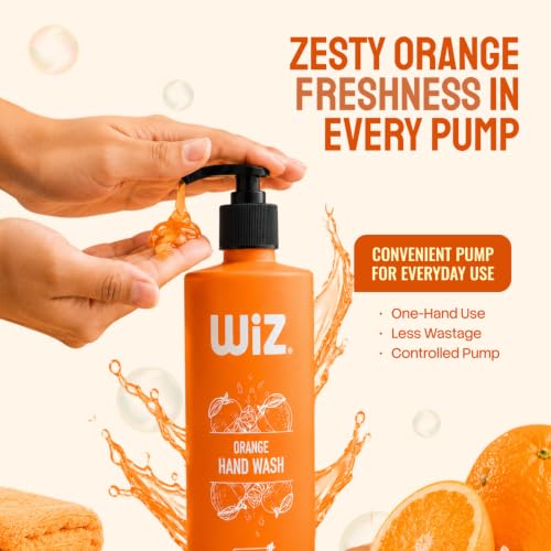 Image of Wiz Orange Liquid Hand Wash - 500ml with Pump Dispenser | Gentle Hand Cleanser for Daily Use | Refreshing Fragrance | Handwash Bottle for Kitchen & Bathroom