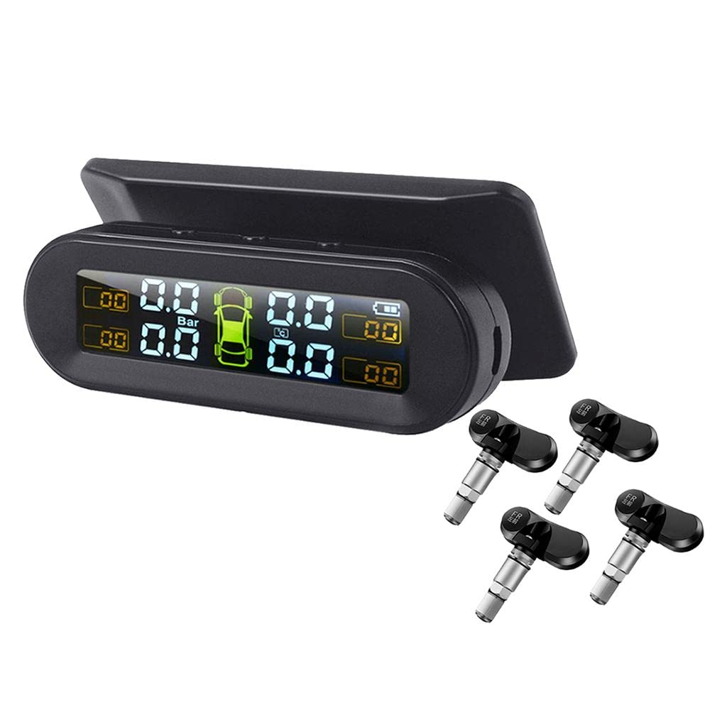 Sistema de monitoreo de presión de neumáticos para automóviles Medidor de presión de neumáticos Solar - 4 sensores externos Pantalla LCD para RV, MPV, SUV, sedán, Negro, sensores internos