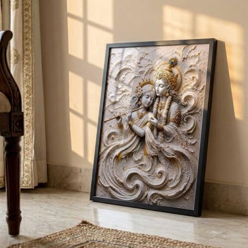 Image of CRAFTLYN Hindu God Wall Art WALL ART Prints Framed Spiritual Religious Paintings for Living Room, Pooja Room, Bedroom, Office, Meditation Room, Home Decor (Radha krishna 3, 13X19, Black)