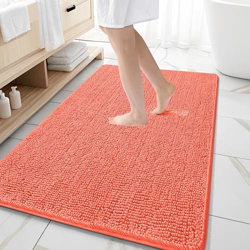 Image of OLANLY Large Bathroom Rugs 59x35, Extra Soft Absorbent Chenille Bath Rugs, Rubber Backing Quick Dry, Machine Washable Bath Mats for Bathroom Floor, Tub and Shower, Home Decor Accessories, Coral