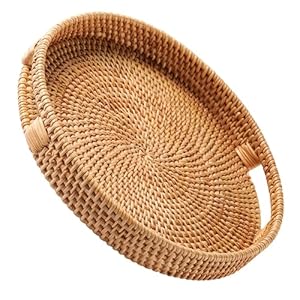 Large Rattan Serving Tray 14 in Natural Honey Colour–Woven Serving Trays with Handles for Home–Round Dining Table Tray–Wicker Serving Basket