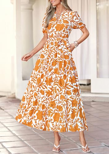 Image of PRETTYGARDEN Women's Summer Boho Floral Maxi Dresses | Bohemian Flower, Short Sleeve V Neck, Fit and Flare, A Line, Flowy Tiered, Belt Pocket, Wedding Guest, Beach Vacation Outfits
