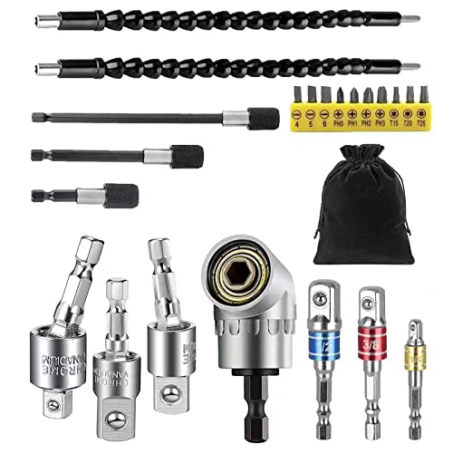 GALLIAFlexible Drill Bit Extension Set, 105° Right Angle Drill Attachment, 1/4 3/8 1/2In Hex Shank Impact Driver Socket Adapter Rotatable Socket, Bendable Drill Bit Extension Screwdriver Bit, A-0124