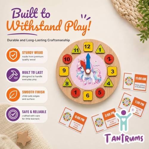 Image of Unicorn Learning Clock with Time Flash Cards | Child Safe Paint and Imported Wood