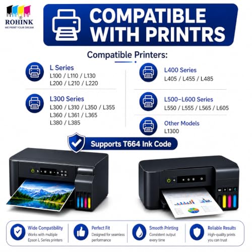 Image of ROHINK T664 / 664 Compatible Ink for Epson L100, L110, L130, L200, L210, L220, L300, L310, L350, L355, L360 L361, L365, L380, L385, L405, L455, L485, L550, L565 Printer