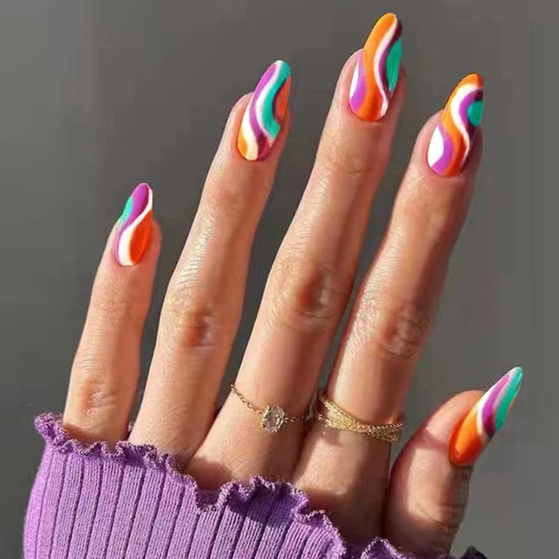 Image of Secret Lives Acrylic Press on Nails Reusable Artifical Designer Fake Nails Extension Glossy White Aqua Pink Orange Combo 24 PCS Set with Kit