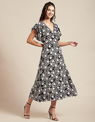 Image of Moomaya Women's Printed Dress, V-Neck, Short Sleeves, Ruffled Midi Summer Dress