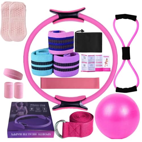 Better Me Pilates Kit, 11Pcs Better Me Pilates Essentials Kit for Women, Better Me Home Pilates Ring and Ball Set, Yoga Ball 25cm Figure 8 Resistance Band Yoga Bands for Home and Gym Workout (Pink)