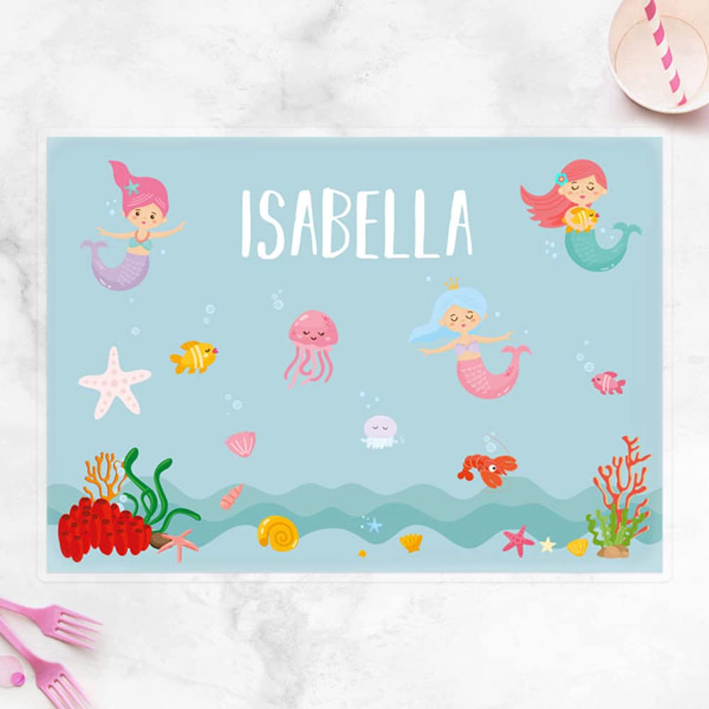 Dotty About Paper Mermaid Party Personalised Kids Placemat - Dinner Table Mat, Children, Wipeable, Cute, Bright, Pastel, Colourful, Children, Dinnertime, Fun Design, Durable.