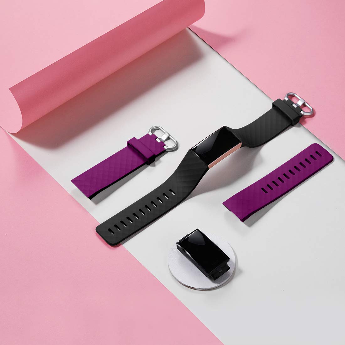 Faliogo 2 Pack Replacement Compatible with Fitbit Charge 3/4, Classic Sport Band for Women Men Small Plum/Black - Image 2