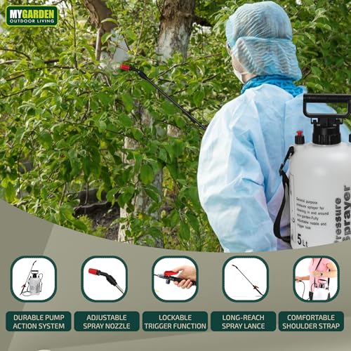 My Garden 5 Litre Sprayer Pump - Weed Killer Pressure Sprayer Pump Action - High Pressure Long Reach Sprayers - Ideal For Spraying Water Fertiliser Herbicides Pesticides Preservative & Detergent - Image 4