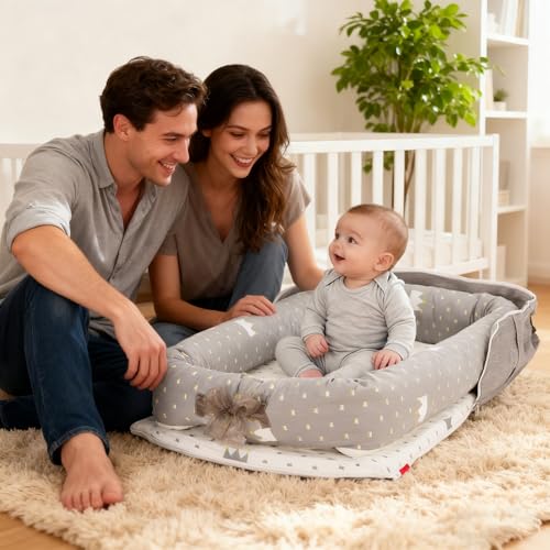 Image of Baby Lounger for Newborn-Portable Baby Lounger 0-24 Months for Home and Travel,Newborn Loungers with Strap, Baby Nest Lounger Adjustable Size,Crown Grey