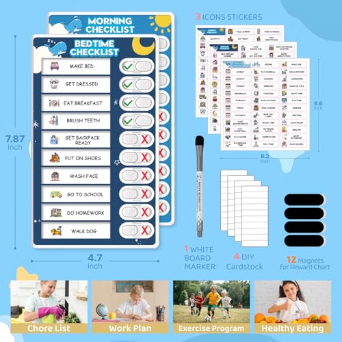Image of 2 in 1 Upgraded Slider Morning /Bedtime Routine Chart for Kids Toddlers - Magnetic Kids Chore Chart for 2 Kids, Dry Erase Chore Chart for Kids, Visual Schedule for Kids with Cute Chore Stickers