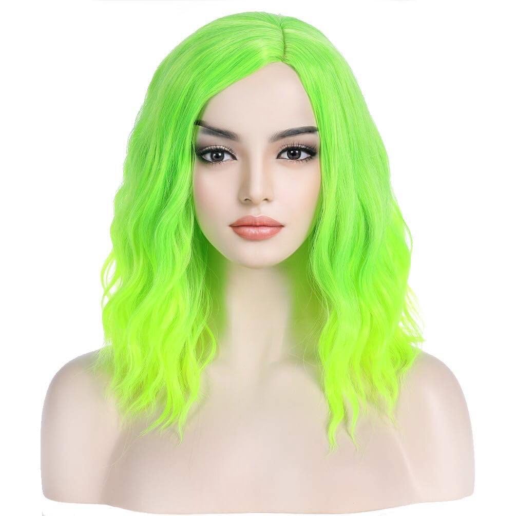 BERON Green Wig Short Curly Wig Neon Green Bob Wigs Lemon Green Beach Wave Wigs for Cosplay Costume Party