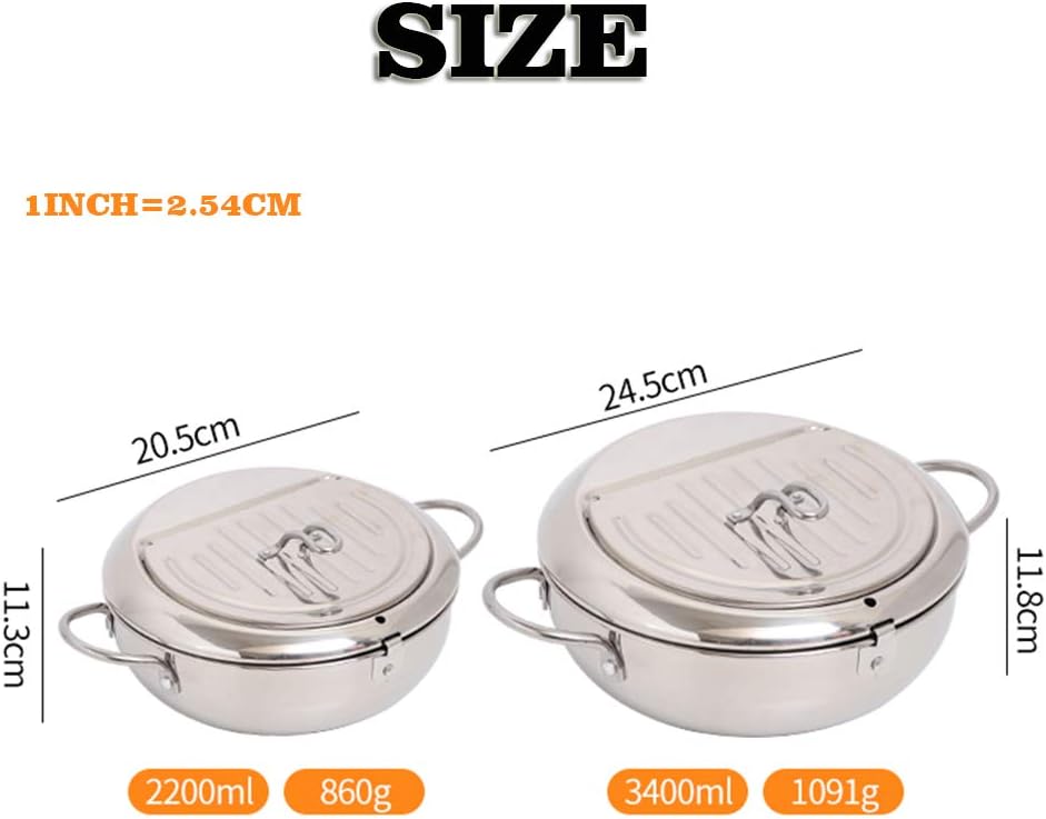 WSHA Deep Fryer Japanese Style Tempura Frying Pot with Thermometer and Oil Drip Drainer Rack, for Kitchen French Fries Shrimp Chicken,S