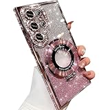 Changjia for Samsung Galaxy S25 Ultra Magnetic Kickstand Glitter Case, [Compatible with Magsafe] Cute Bling Sparkly Diamond Rhinestones with Camera Protector Women Girls Case for Galaxy S25 Ultra,Pink