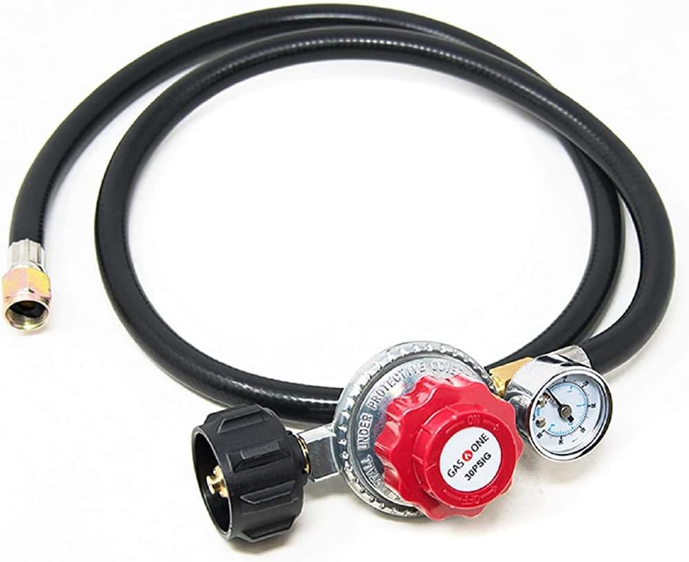 GasOne 2120 4 ft Propane Regulator and Hose 0-30PSI with PSI Gauge, Old Black QCC