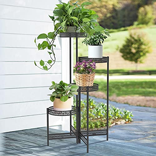 GRCQLWT Plant Shelf 4 Tier Metal Plant Stand Indoor Black Tall Flower Pot Holder Display Rack Foldable for Patio Garden Living Room Corner Balcony Flower Sta