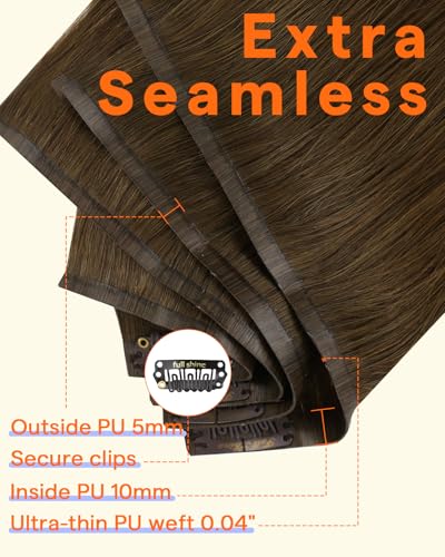 Image of Full Shine Brown Human Hair Clip in Extensions, Medium Brown | Seamless Clip in Hair Extensions, Invisible PU Weft Remy Human Hair for Women 18 Inch 120g 8Pcs