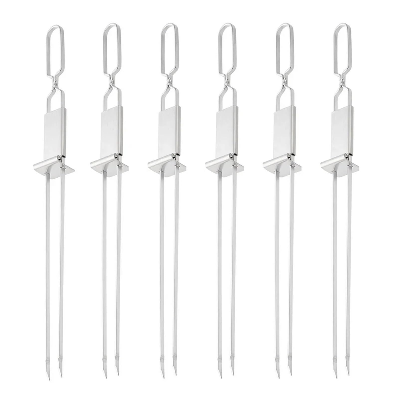 6Pcs Barbecue Grill Forchetta In Acciaio Inox Semi-Automatico Doppia Testa Spiedini In Metallo Portatile BBQ Campeggio Picnic Grilling