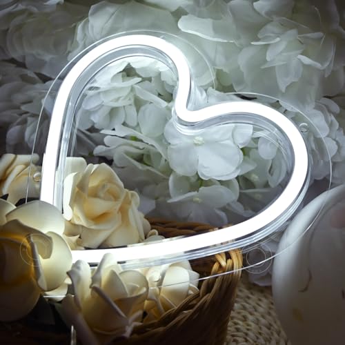 Image of SYLHOME Heart Led Neon Light Sign Battery Operated or USB Powered Bedroom Wedding Wall Sign Decor Valentines Day Birthday Christmas Gifts USB 7.87 inch X 7.28 inch Cold White