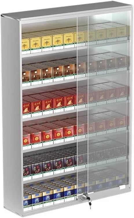 GZHERVICES Cigarette Showcases Rack, Wall Mounted Cigarette Case Shelf, Cigarette Display Holder, Sliding Door with Lock Cigarette Display Cabinet, Automatic Cigarette Pusher(62.5x17.3x90cm)