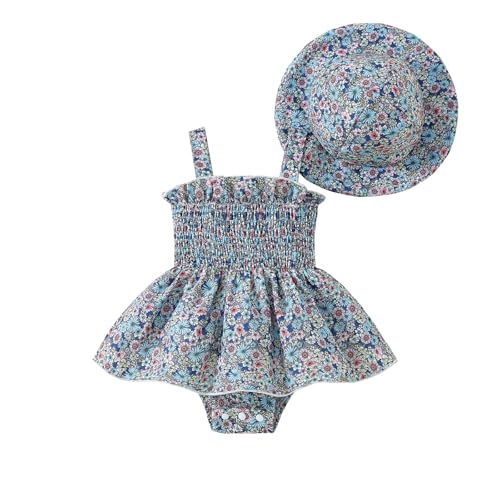 Image of Jeinxcn Toddler Baby Girl Summer Clothes Halter Floral Romper Dress Backless Outfits with Hat
