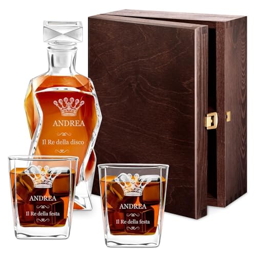 Maverton Set Decanter per Whisky in vetro - da 700 ml - incisione personalizzata - Caraffa con 2/4/ 6 bicchieri - idea regalo per il compleanno - per l’ uomo - Corona reale