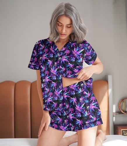 Image of HUNTFAMI Womens Soft Silky Satin Pajamas Set, 2 Pcs Sleep Short Pajamas for Mom and Grandma Button Down Summer Loungewear