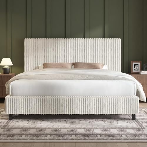 Image of AMERLIFE King Bed Frame, Upholstered Metal Platform Bed with Vertical Channel Tufted Headboard, Soft Fabric & Strong Metal Slats, No Noise /Easy Assembly, White King Upholstered Bed and Headboard