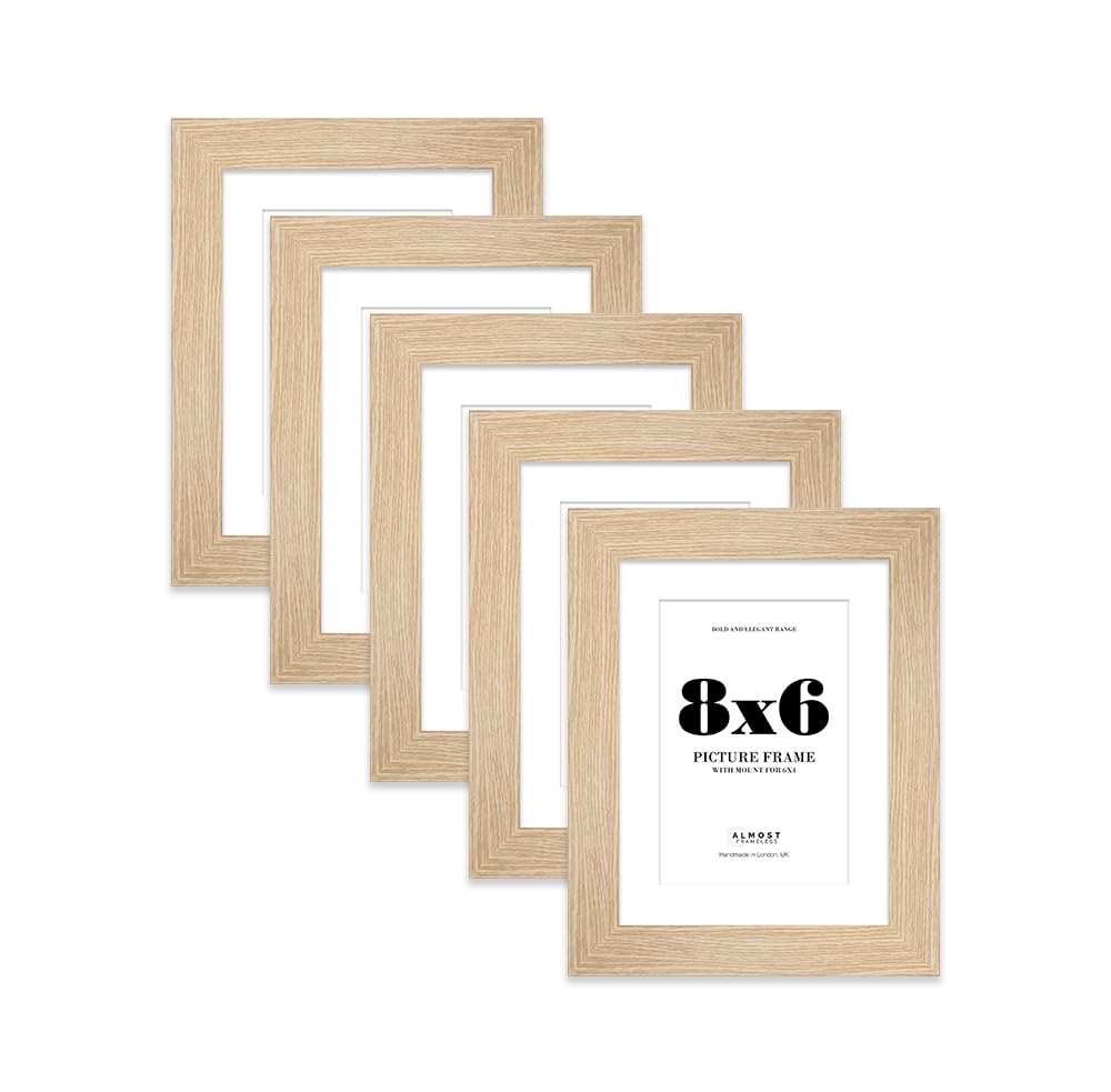 8x6" Oak Frame With Mount for 6x4" Pictures 28mm Edge Portrait and Landscape Display with Wall Hooks and Kickstand, 5 Pack