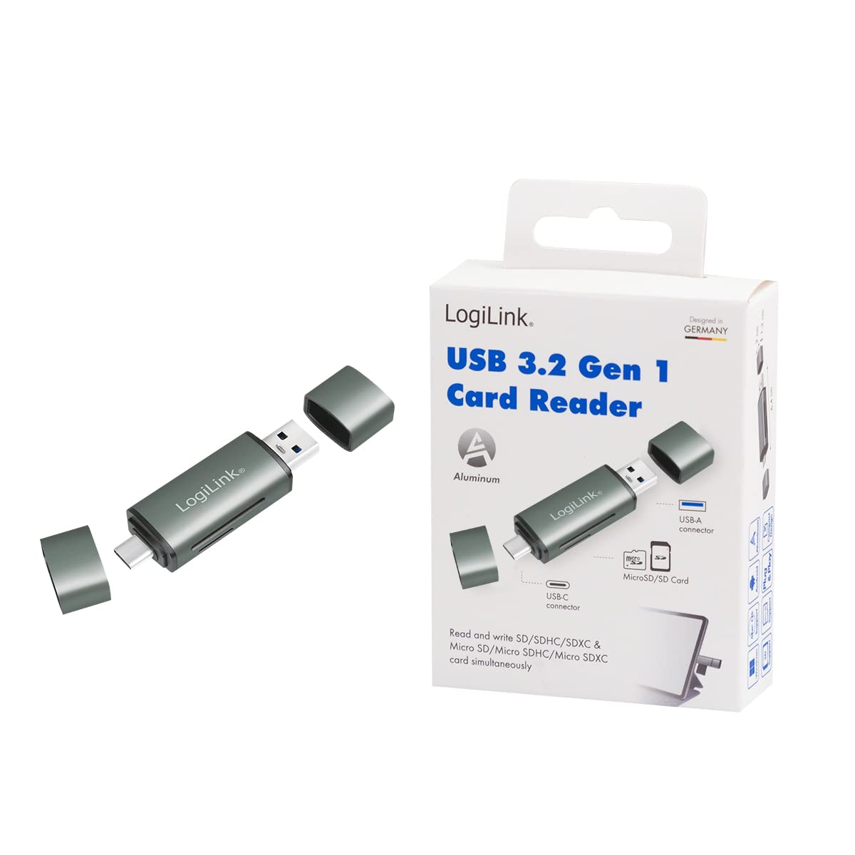 LogiLink CR0043 - USB 3.2 (Gen1) czytnik kart SD i microSD w aluminiowej obudowie, do kart pamięci do 2 TB, złącze przez USB-A lub USB-C