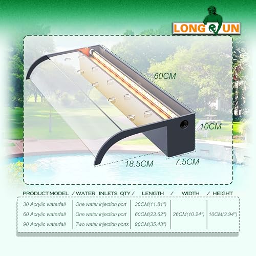 LONGRUN 60cm Teich Wasserfall Klingen Set, Acryl Gebogener Wasserfall Überlauf, Außenpool Brunnen mit 7 Farben Bluetooth LED Lichtern und Fernbedienung, Breite 26cm