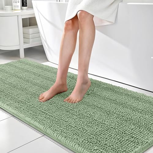 Image of OLANLY Thick Bathroom Runner Rugs 70x24, Absorbent Chenille Striped Bath Rugs, Rubber Backing, Machine Wash, Extra Long Bath Mats for Bathroom Floor, Tub and Shower, Home Decor Accessories, Sage Green