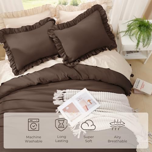 Image of Litanika Brown Twin Size Comforter Sets, 2 Pieces Ruffle Farmhouse Aesthetic Bedding Comforter Sets, All Season Soft Lightweight Fluffy Microfiber Bed Set(66x90In Comforter, 1 Pillowcase)