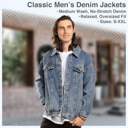 Classic Denim Jacket for Men Oversized Light Blue Wash Long Sleeve Button Down Casual Coat S - 2XL4