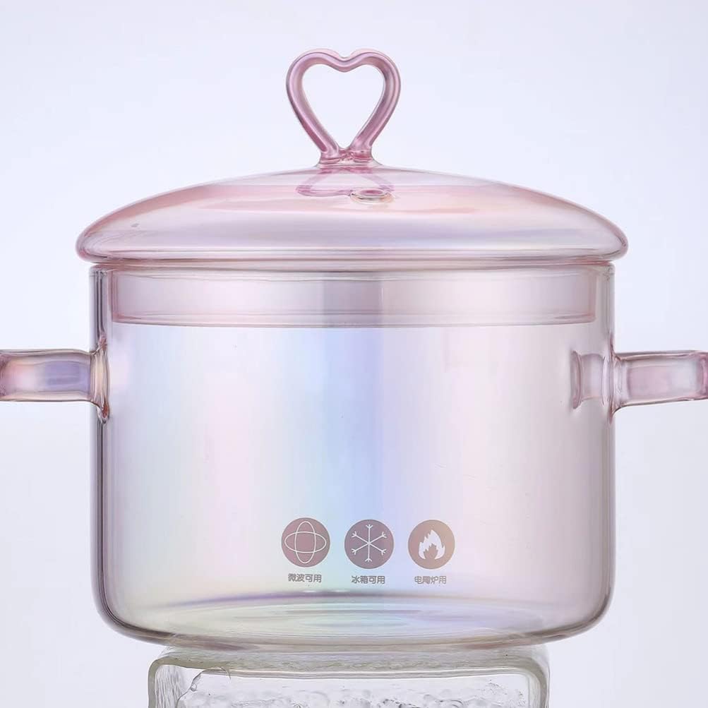 Glass Saucepan Stovetop Milk Butter Warmer Stew Simmer Pot Instant Noodle Cookware with Cover and Dual Handle for Pasta Chocolate Melting Coffee Tea Soup 300ml (Pink One Size)