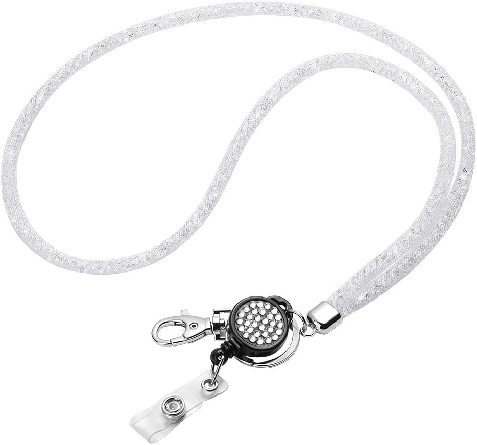 Artscope Bling Crystal Lanyard, 31.5'' Shiny Rhinestones Nylon Mesh ID Card Holder Lanyard Neck Strap with Retractable Badge Reel & Keyring (1 Pack - White)
