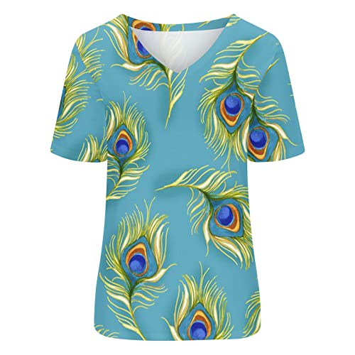 Camisetas femininas de manga curta com estampa de penas de pavão e gola V, G - azul claro, GG