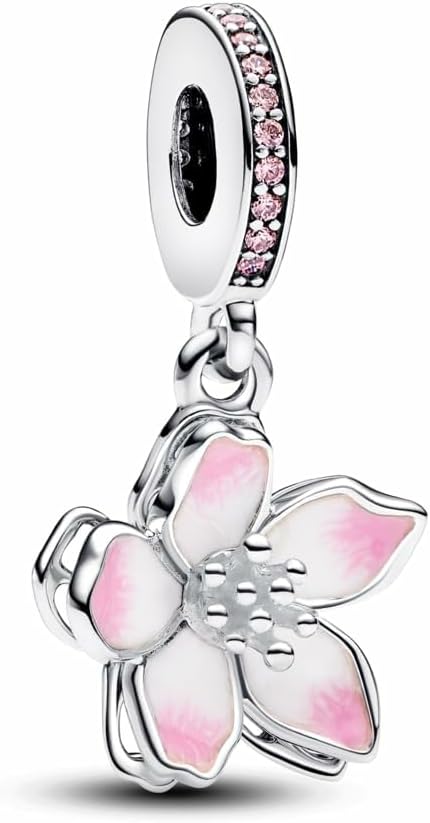 PANDORA Moments Cherry Blossom Dangle Charm - Sterling Silver Charm with Cubic Zirconia & Enamel - Jewelry for Women - Includes Gift Box