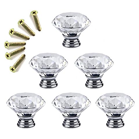 Dooppa 6PCS 40mm Crystal Diamond Cut Door Knobs with Screw for Kitchen Wardrobe Cabinet Drawer Home Decorating (Clear) Cover
